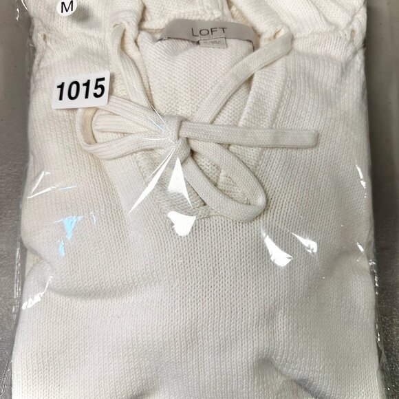 LOFT Waffle Knit Hoodie Sweater WMNS M Ivory Hooded V-Neck Pullover Cozy Warm - Picture 9 of 9